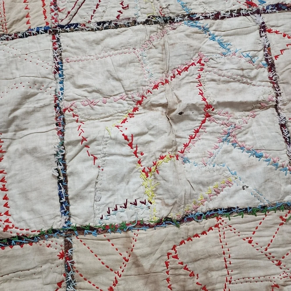 ANTIQUE Crazy Quilt top hand swen cotton quilt top to‎ be finished 65in x 65in